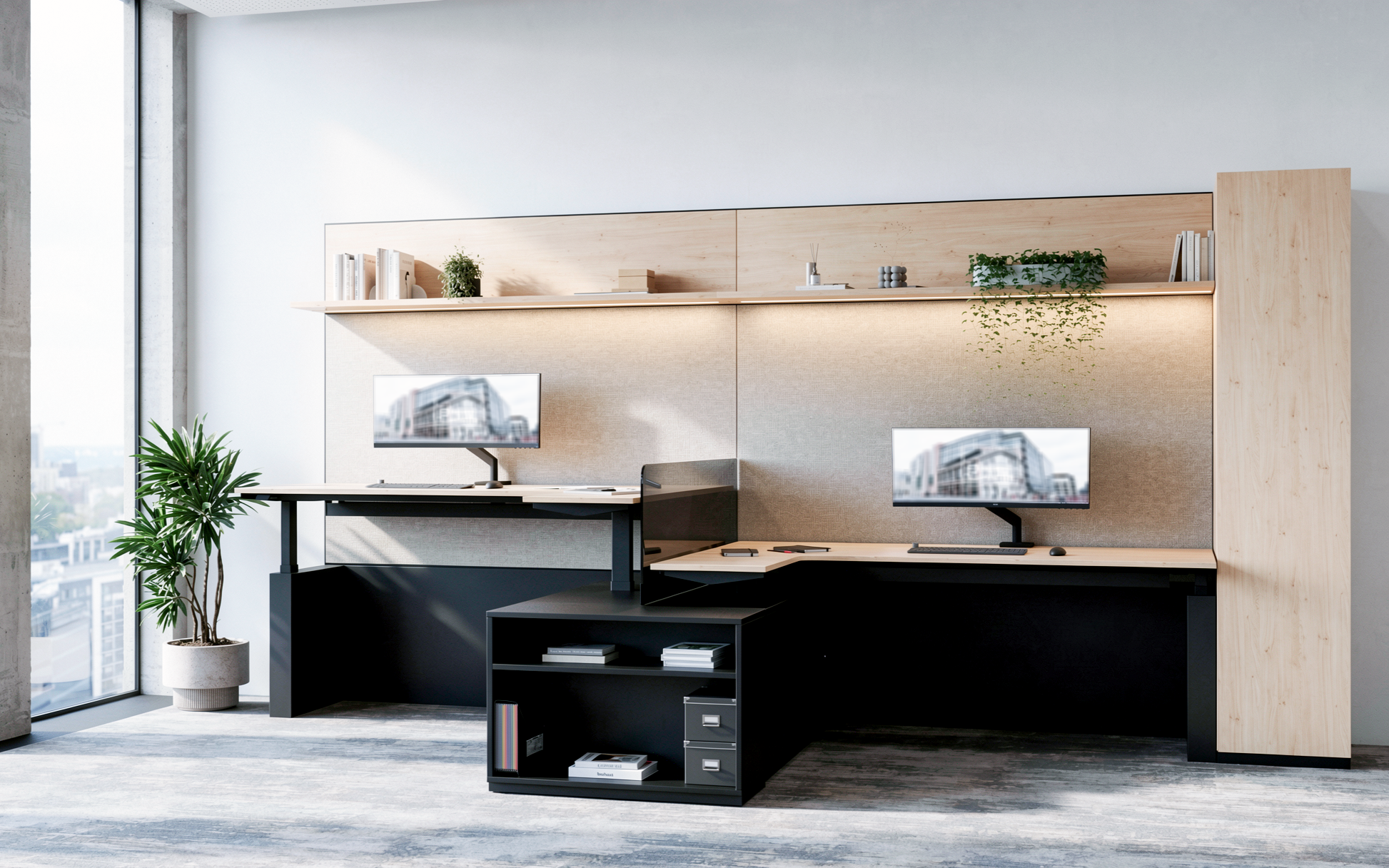 Sleek modern office workspace with two computer desks and monitors, a potted plant, built-in wooden shelves with books and decorative items, large windows with city view, and a neutral color scheme.