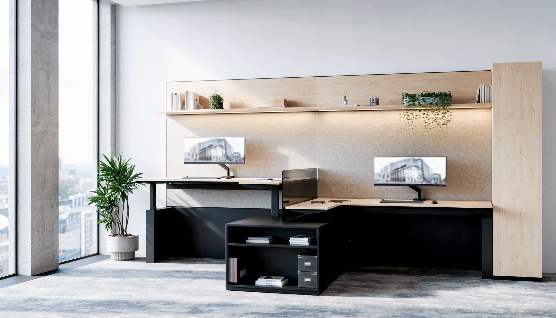 Modern office space with two desks, computer monitors, a tall potted plant, and a view of a cityscape through large windows, featuring minimalistic design with natural wood and neutral tones.
