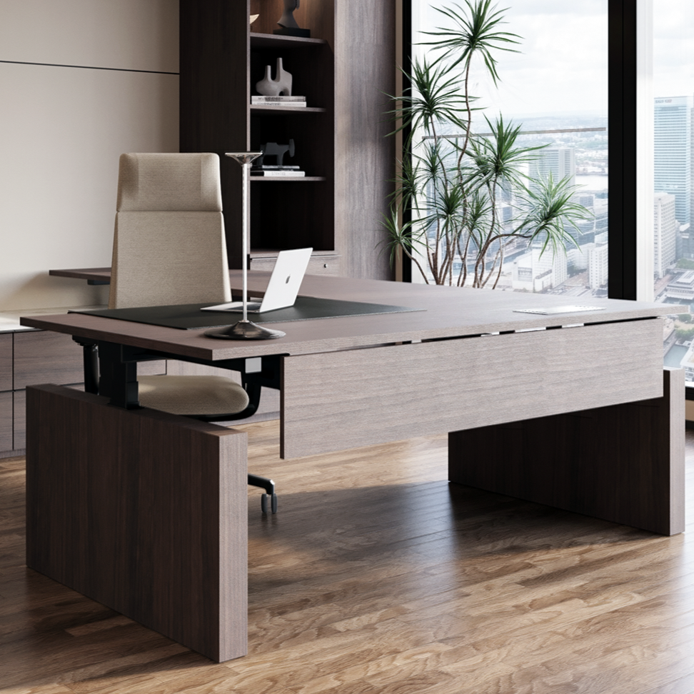 Modern office with a wooden desk, beige chair, laptop, and large window with city view and indoor plant.