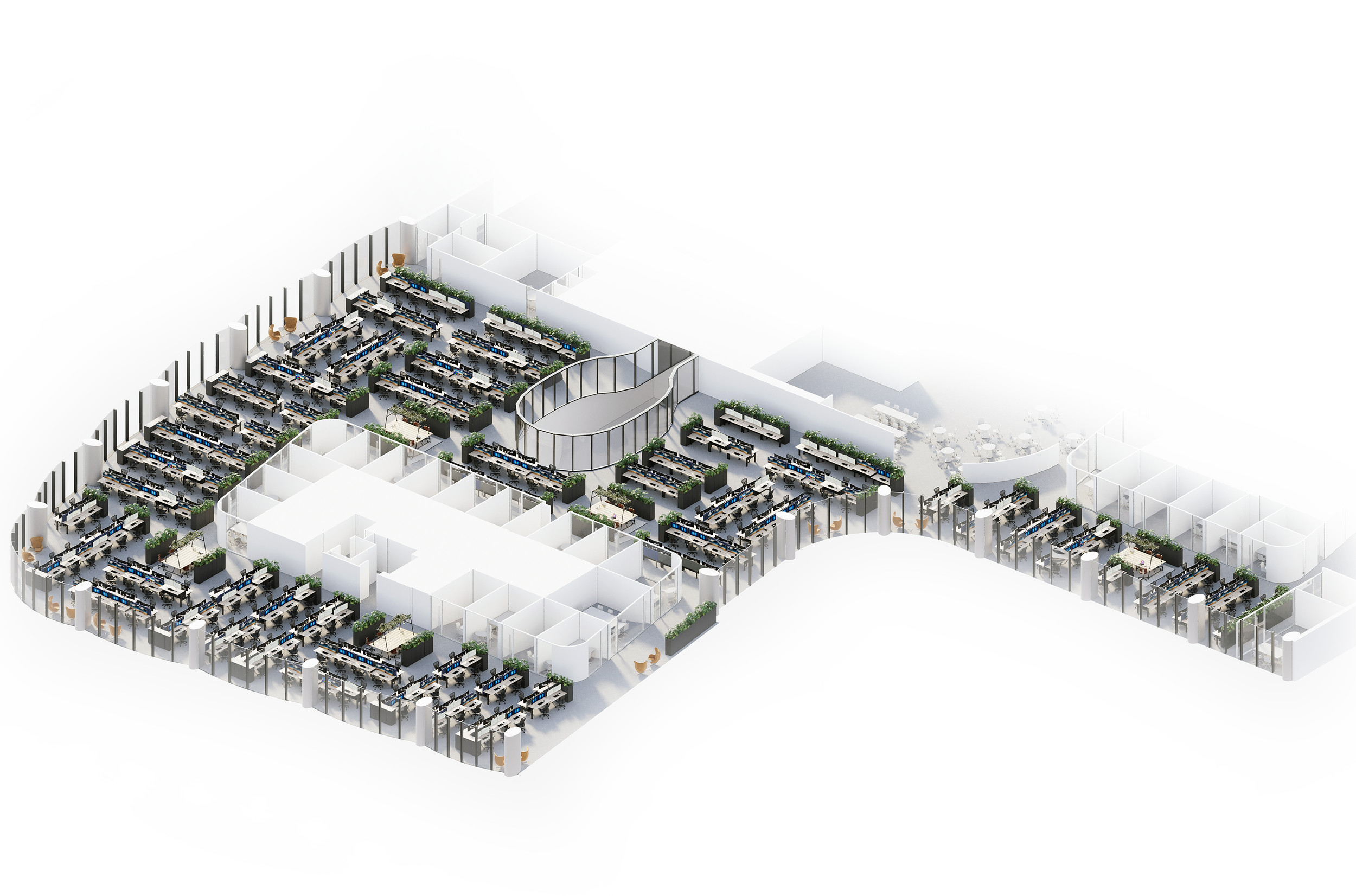 3D render of an office workspace with multiple desks, computers, and plants, enclosed by glass walls and white partitions.