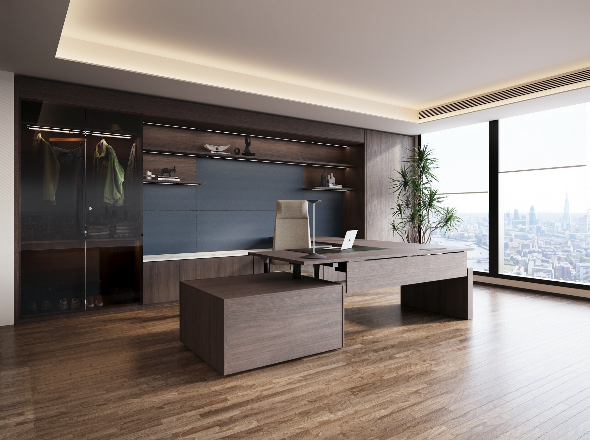 Modern office with desk, beige chair, built-in wooden shelving, decorative sculptures, and large windows showing a cityscape skyline.