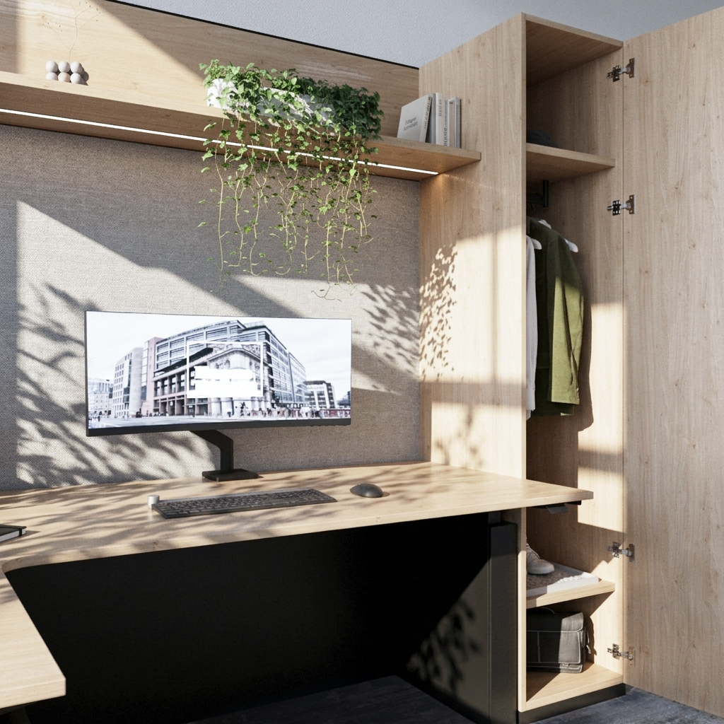 Modern workspace with a wooden desk and open wardrobe, computer monitor displaying a building, green plants, books, and shadows from sunlight.
