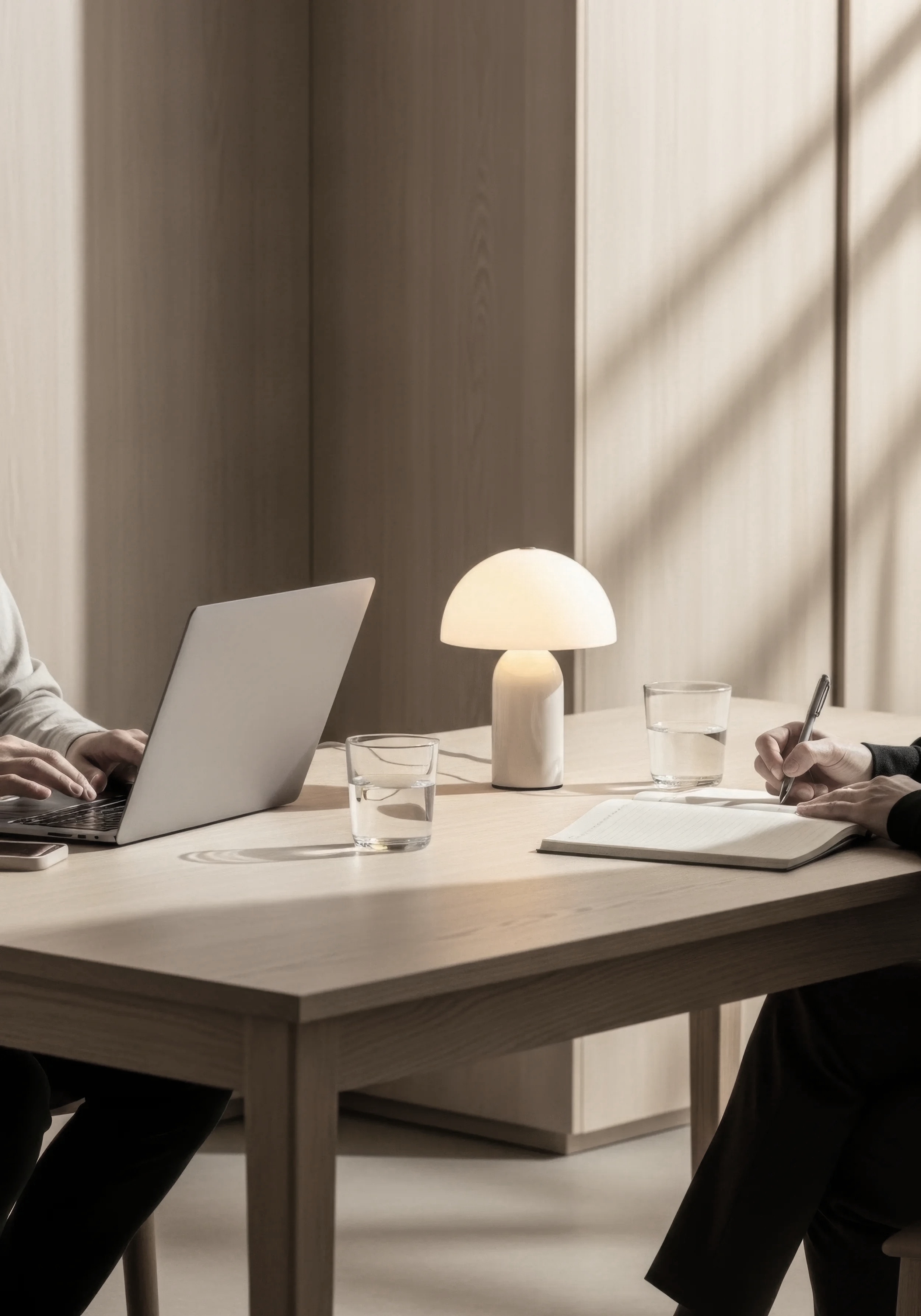 A meeting scene with two people sitting at a light wooden table. One person is working on a laptop, and the other is writing in a notebook with a pen. There is a small table lamp and glasses of water on the table. The background features a beige wall with vertical paneling.