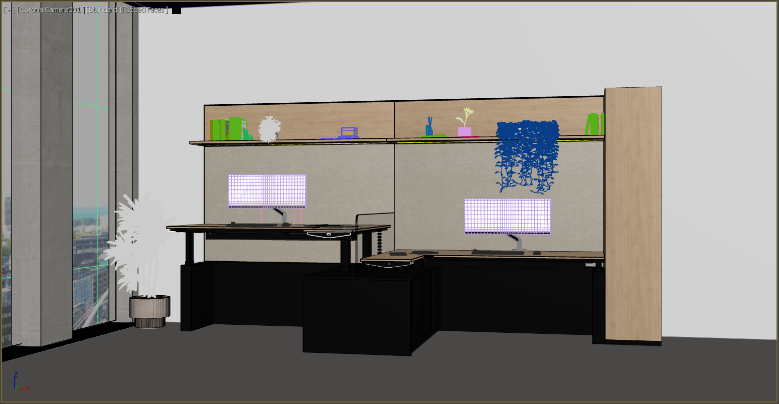 Interior office workspace with desks, computer monitors, a potted plant, and a large window showing an urban cityscape outside.