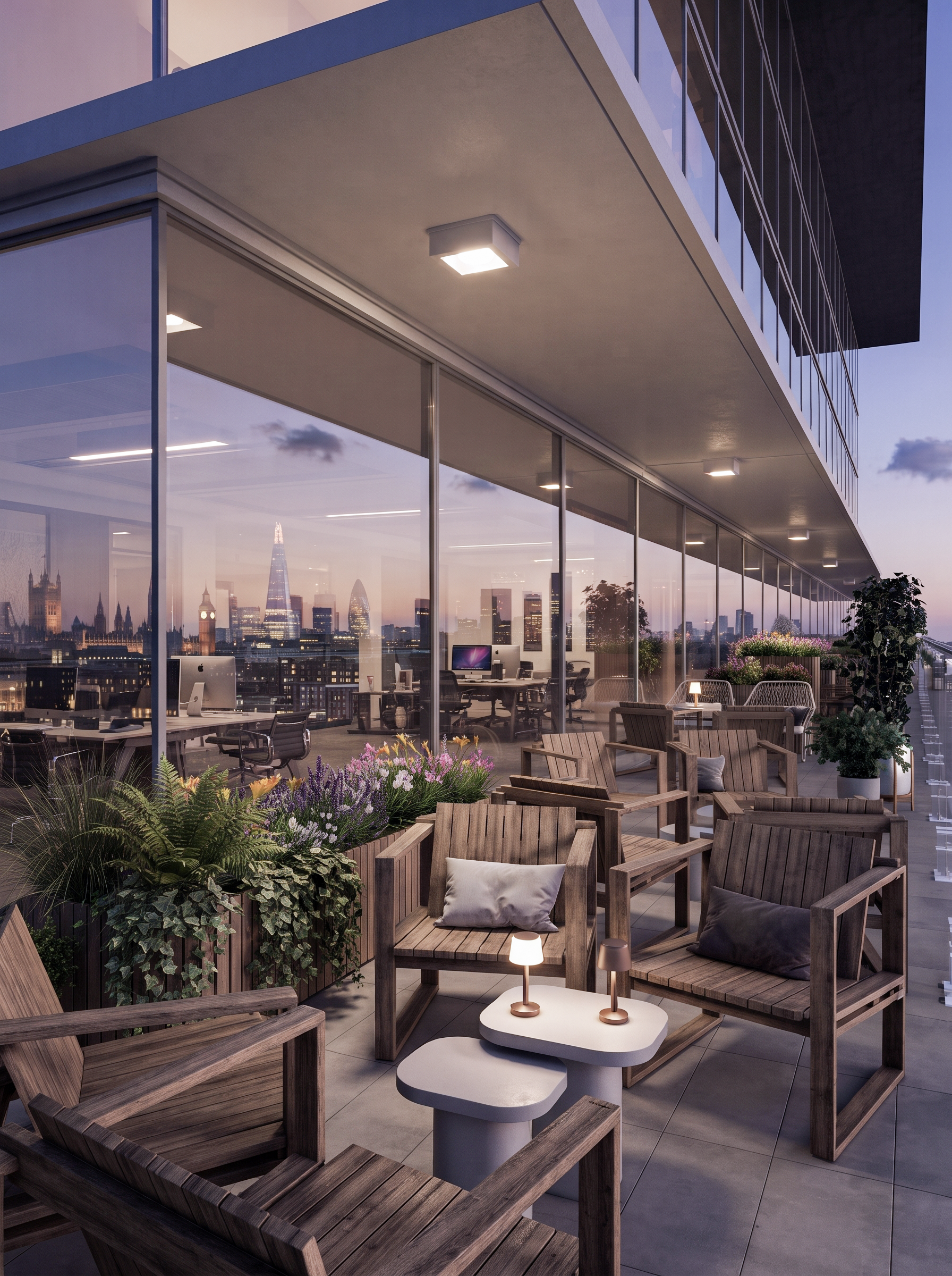A modern rooftop terrace in an office building at dusk with city skyline view, glass windows, wooden chairs, small tables, plants, and soft lighting.