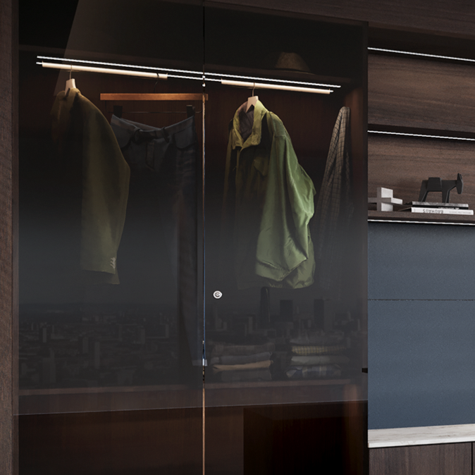 Clothes hanging inside a glass wardrobe, with folded clothes on a shelf below, set against a wooden wall in a modern room.