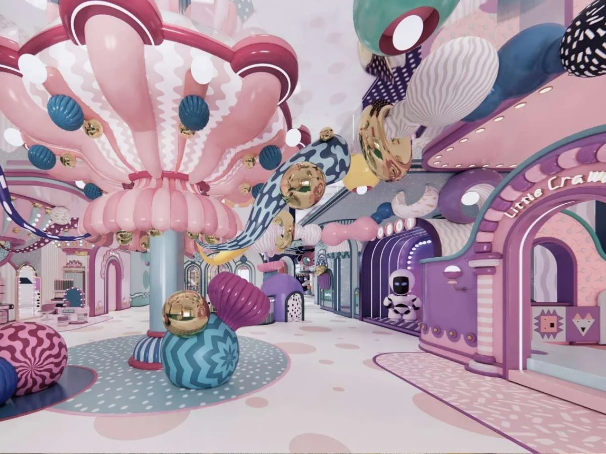 Whimsical indoor immersive space called Boo Boo Land, Dubai.  Decor includes large, playful roomiest, role play and artistic sculptures. Aimed at kids entertainment but also for adults.