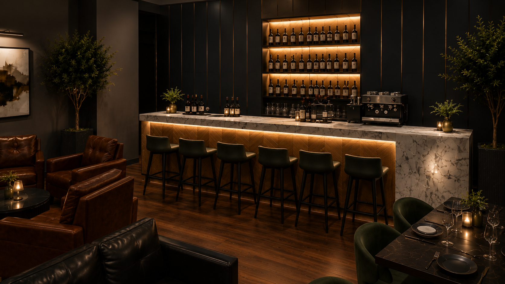 A stylish bar with a white marble counter, black bar stools, and shelves with wine bottles. The dim lighting creates a cozy atmosphere, with potted plants and elegant table settings.