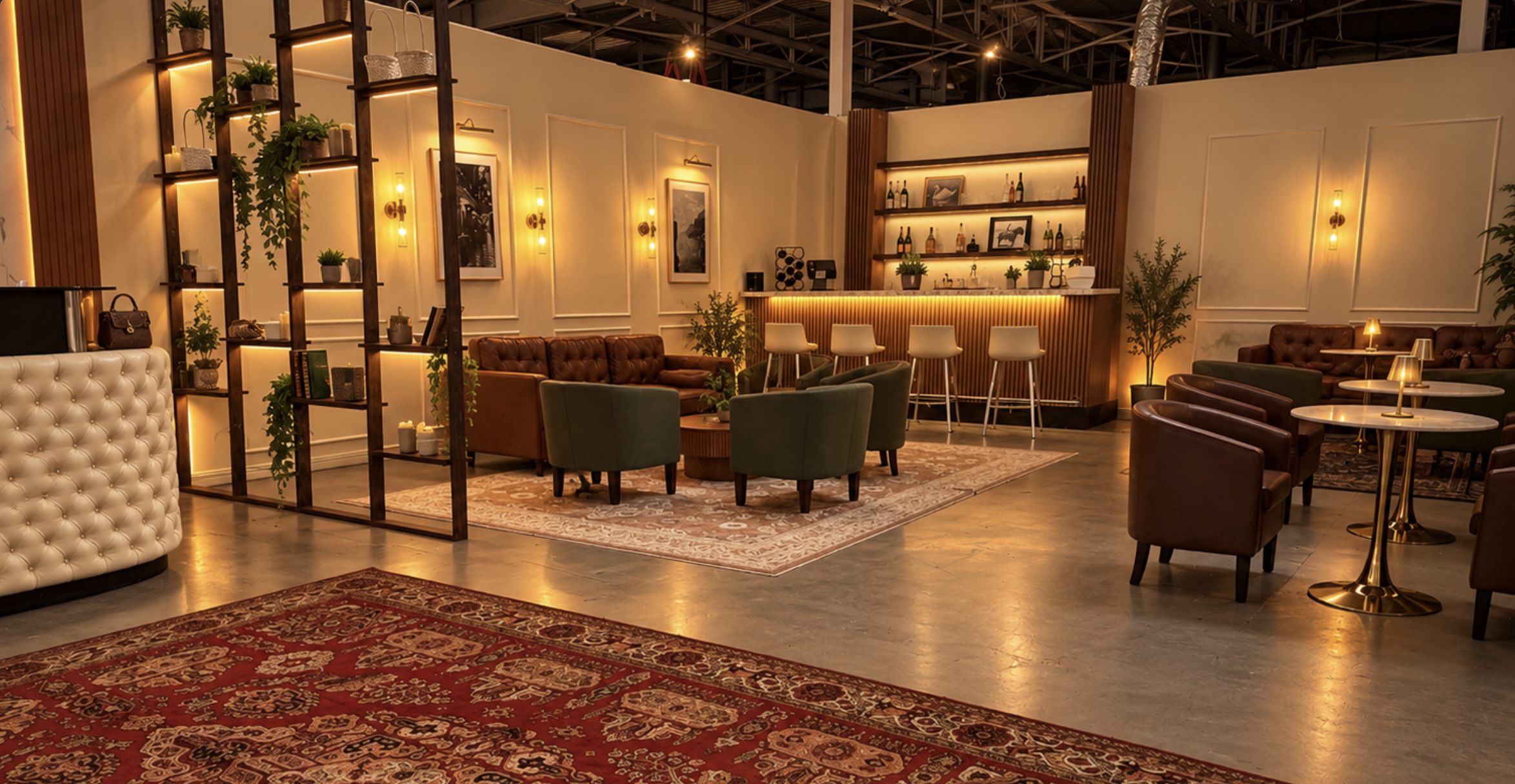 A warmly lit lounge area with a variety of seating including tufted leather sofas, velvet chairs, and bar stools. The space features framed black-and-white artwork, potted plants, and wooden shelving with decor and bottles, creating an inviting atmosphere.