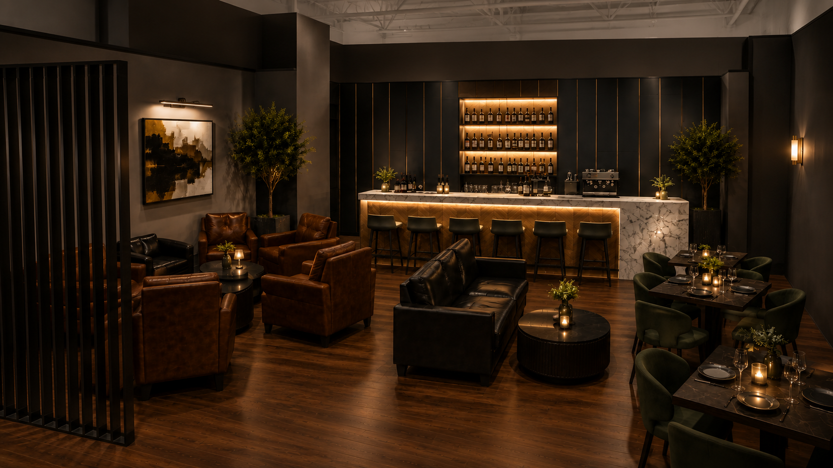 Interior of a modern, dimly-lit bar and lounge with leather chairs, a marble-topped bar with bottles on shelves, and a dining area with candles and table settings.