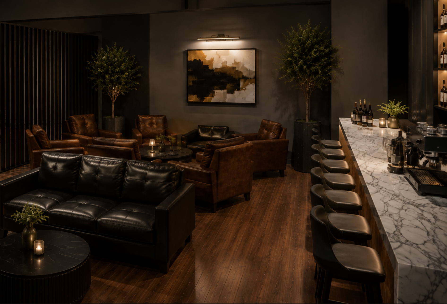 Luxury lounge with dark walls, wooden flooring, leather sofas, a marble bar counter with bar stools, decorative plants, candles, and an abstract painting on the wall.