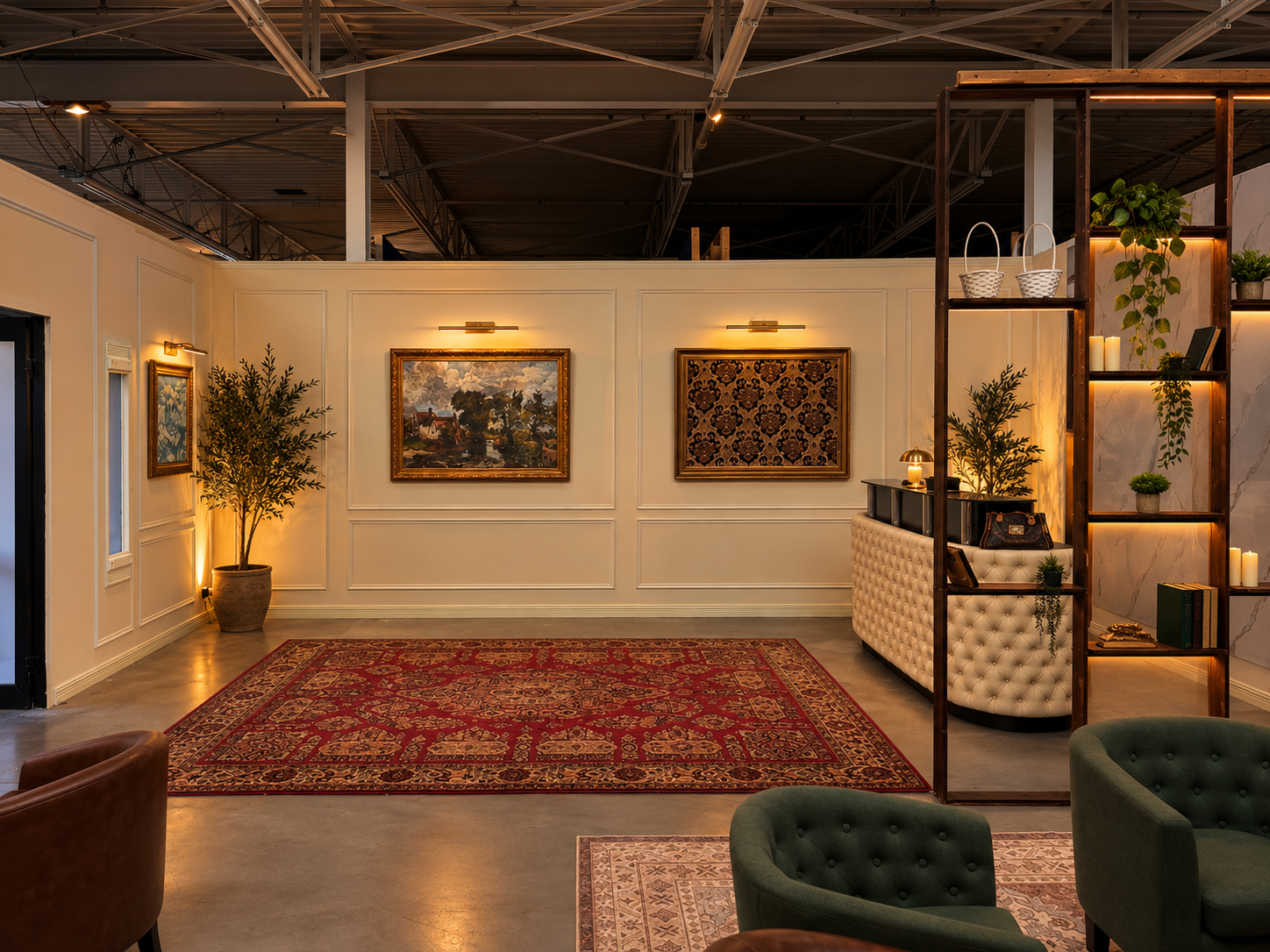 Interior view of a warmly lit room with artworks on the wall, potted plants, a red patterned rug on the polished floor, and modern furniture including green and brown chairs. A shelf with decorative items and candles is partially visible on the right.