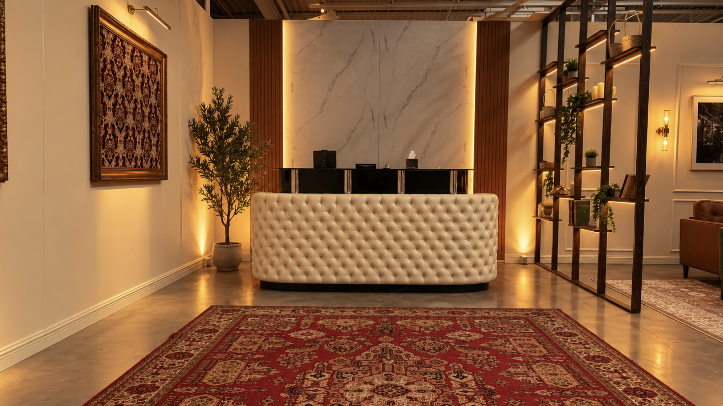 Modern reception area with a white tufted front desk, a marble wall backdrop with warm lighting, potted plant on the left, and decorative shelving with plants and candles on the right, complemented by Persian rugs.