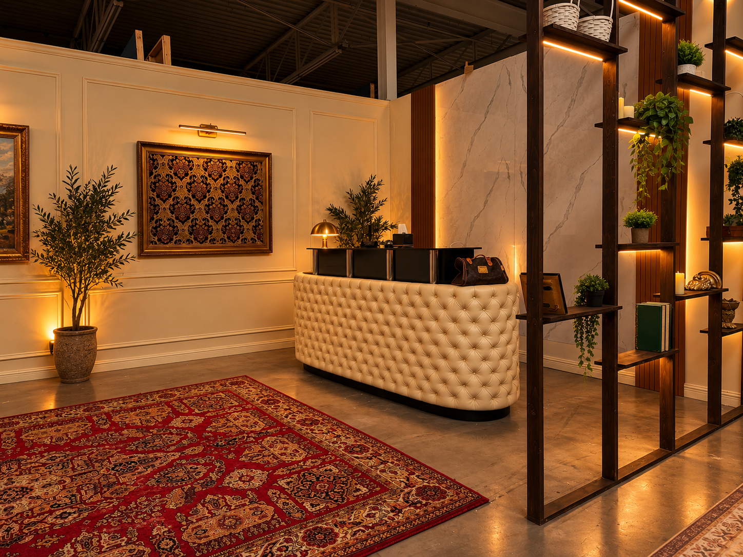 Modern reception area with a curved tufted white counter, warm lighting, decorative plants, framed artwork, a red patterned rug, and a wooden storage unit with shelves of plants and decorative items.
