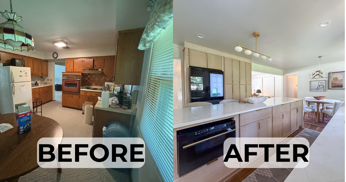 Comparison of a kitchen before and after remodeling. The 'before' side shows an older, darker kitchen with wooden cabinets, a white refrigerator, and a cluttered counter. The 'after' side features a modern, light-colored kitchen with new cabinetry, a flat-screen TV, bright lighting, and a clean, minimalist look.