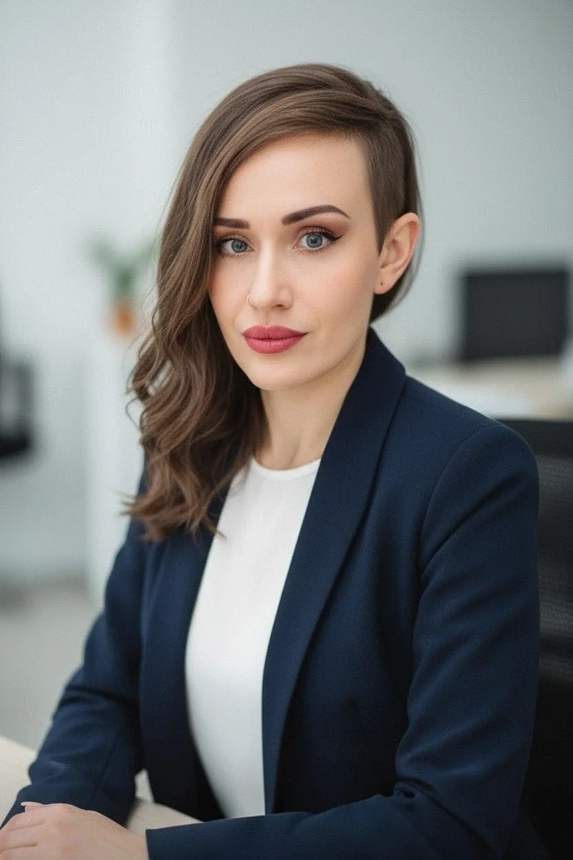 A young woman with wavy brown hair, blue eyes, and makeup, sitting at a desk in an office setting, wearing a navy blazer over a white top.