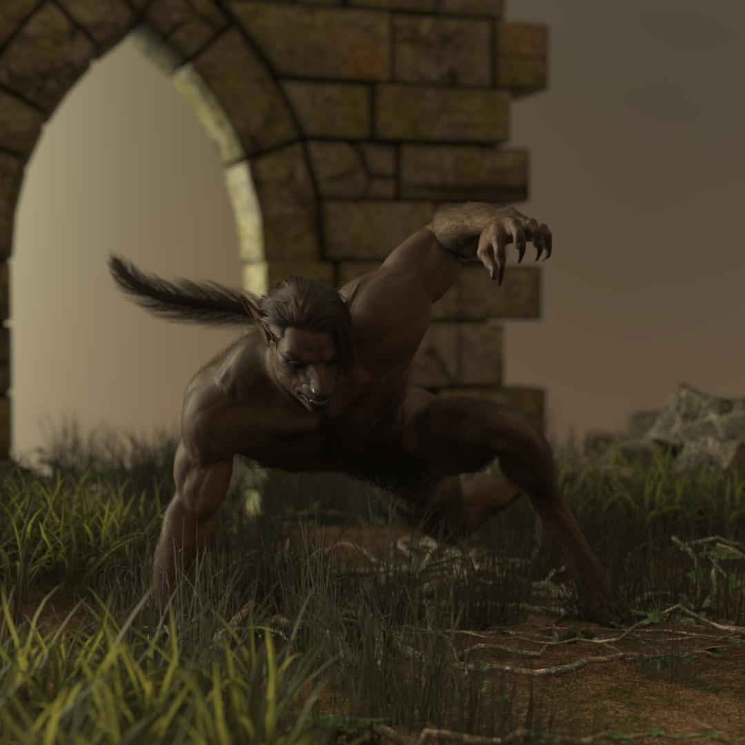 A 3D rendered image of a werewolf on the ground, a stone arch behind him. The werewolf is crouched and poised to attack.