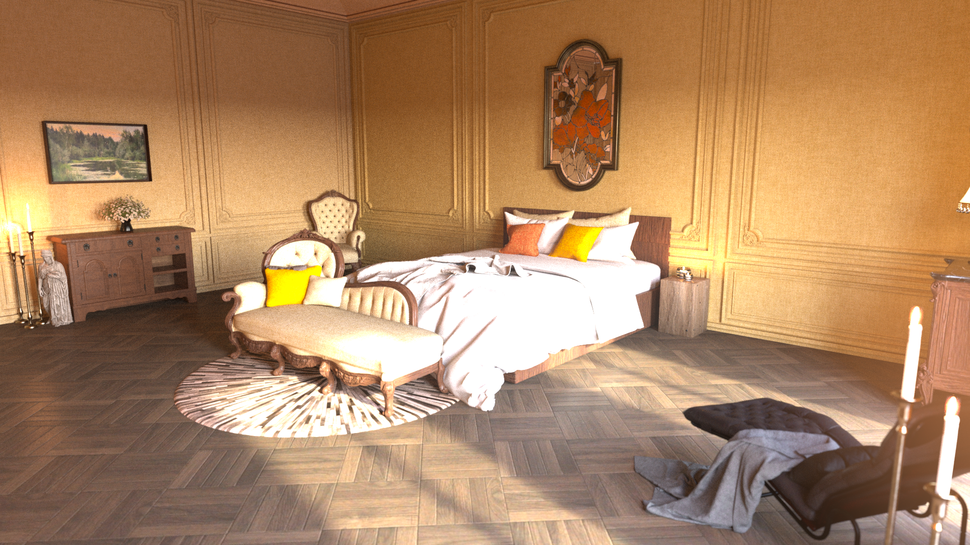 A 3D rendered image of a bedroom bathed in sunlight. The color pallete uses oranges, yellows, and natural wood tones to create a cozy, beautiful space.
