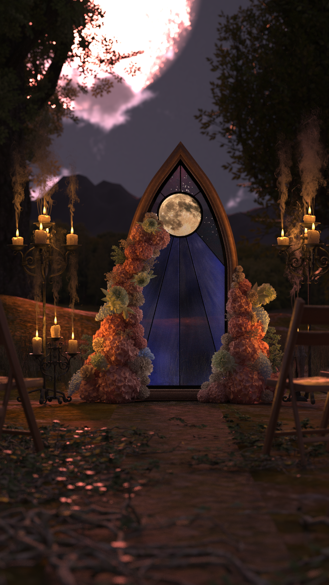 A 3D rendered image of a stained glass window in the middle of a forrest. There are candles and flowers surrounding the window. It is set up and decorated for a wedding ceremony.