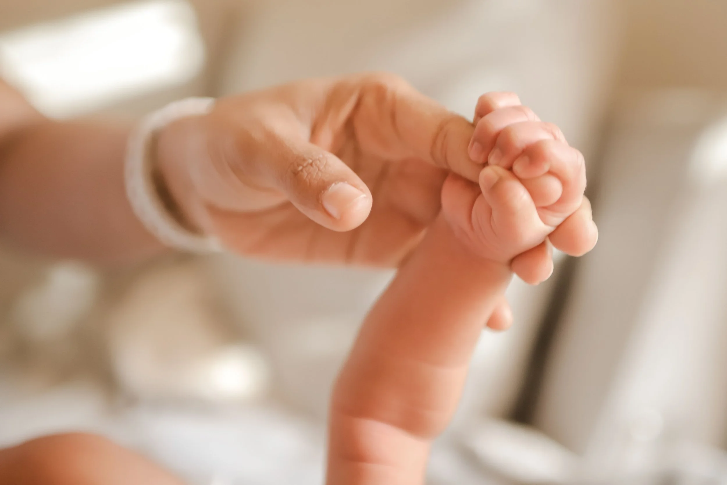 A close-up of a baby's hand holding an adult's finger.
