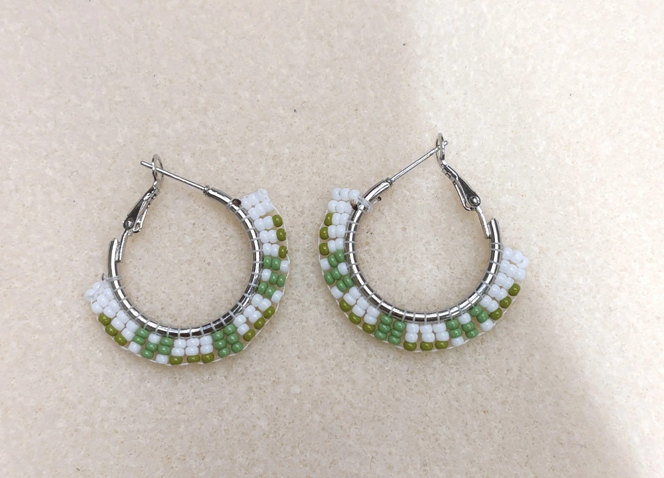 Beaded Hoops Earrings "Green Winter"