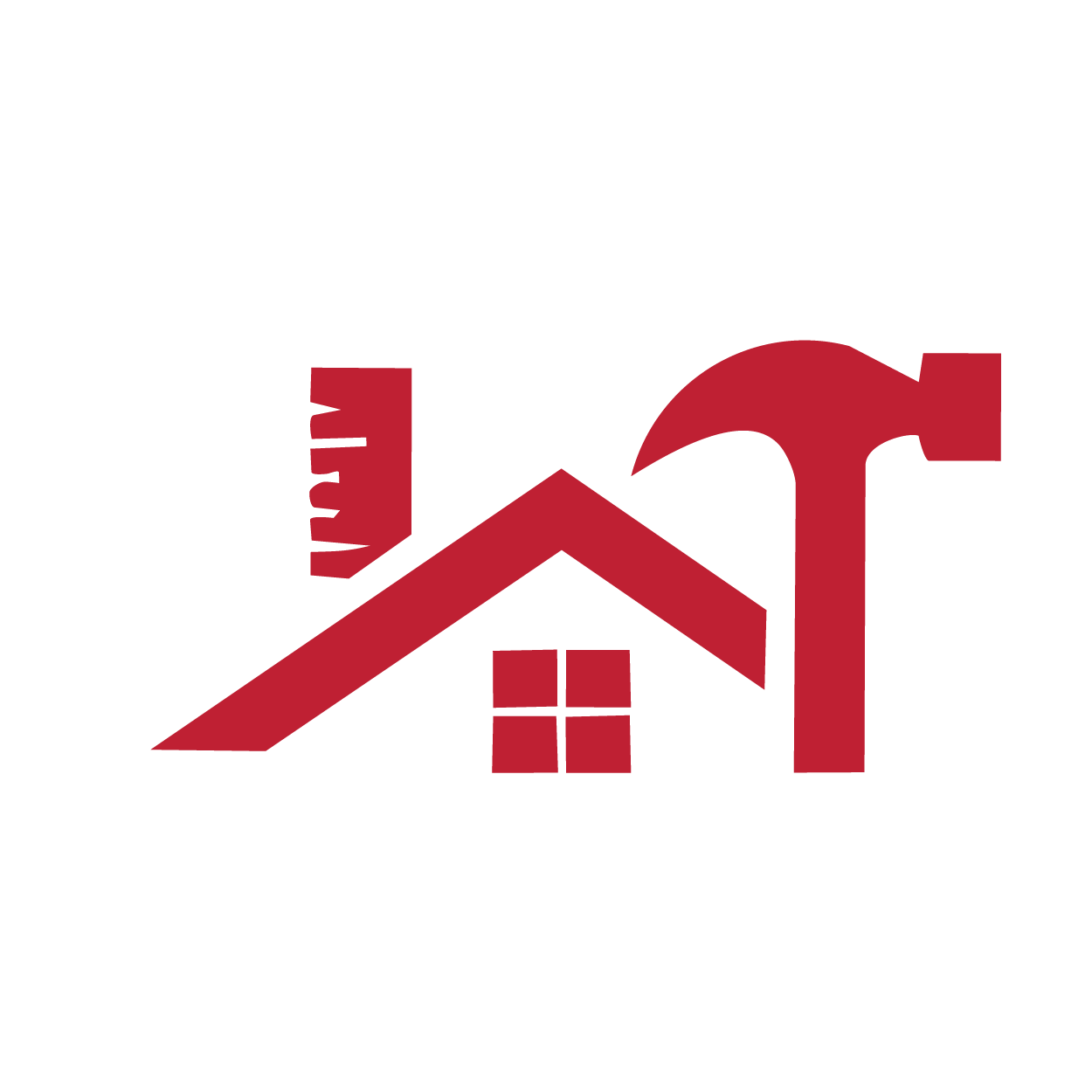 Graphic illustration of a house roof with a chimney, a window, and tools such as a hammer and a wrench, representing home repair or construction.