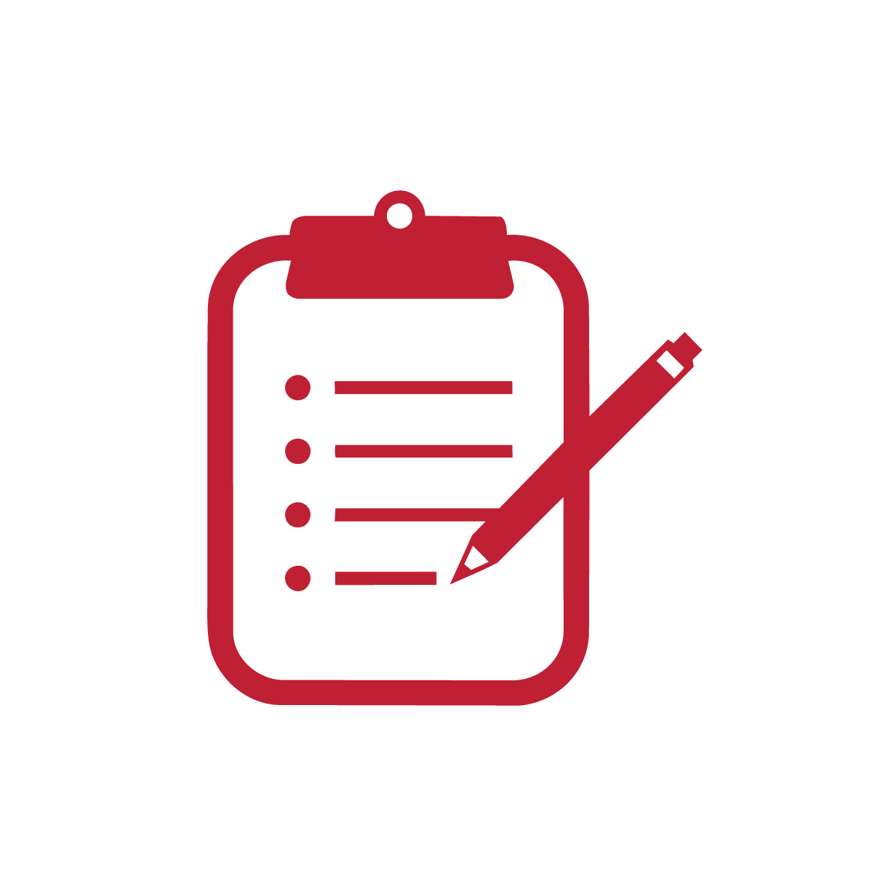 Icon of a clipboard with a checklist and a pen, in red color.