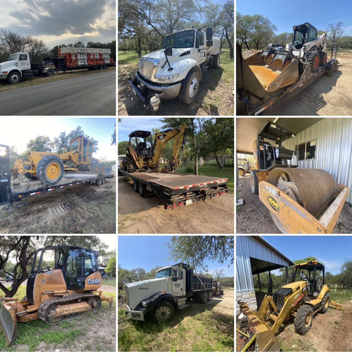 A collage of nine different construction and farm equipment including trucks, loaders, rollers, excavators, and bulldozers parked outdoors.