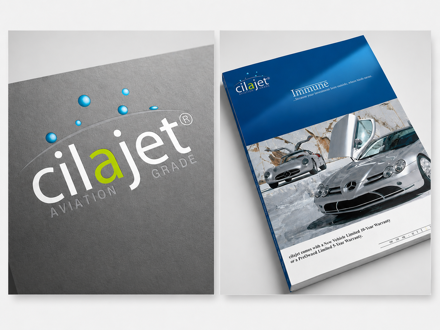 Brochure and booklet for Cilajet aviation therapy, featuring the Cilajet logo and images of luxury cars on the cover.