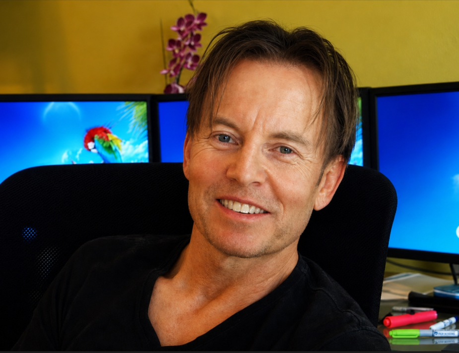 A smiling man with short brown hair sits in front of three computer monitors displaying blue backgrounds. There are purple flowers in the background and some markers on the desk.