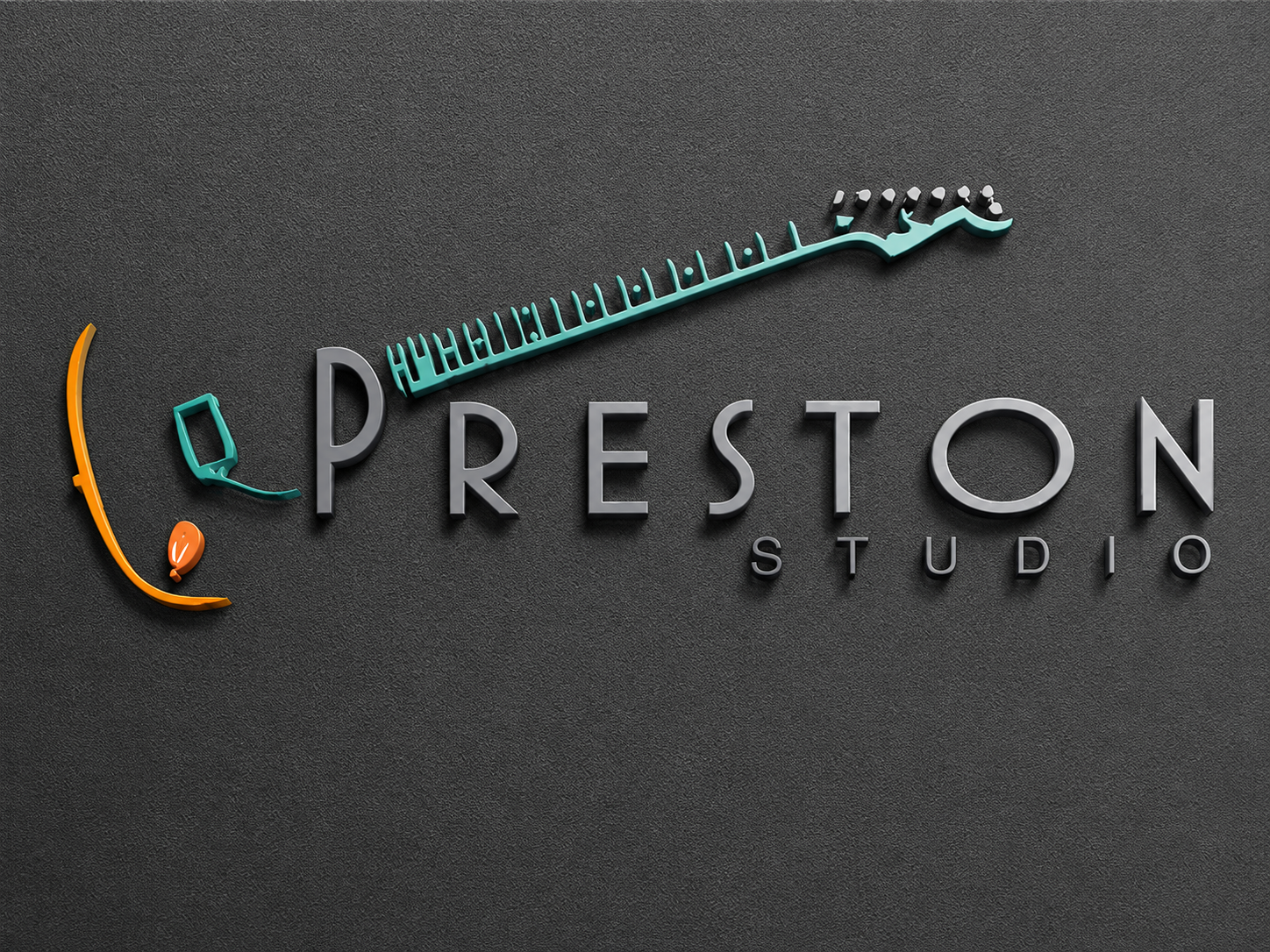 3D signage for Preston Studio with a gray background, featuring a stylized microphone, headphones, and sound wave graphic.