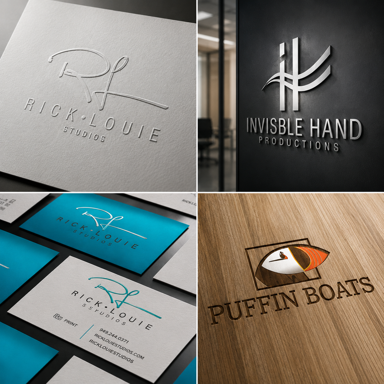 Collection of four images showing different business logos and branding materials: a white textured card with a minimalist signature logo for 'Rick Louie Studios'; a black wall with silver 3D sign for 'Invisible Hand Productions'; printed business cards and digital logo mockups for 'Rick Louie Studios' in blue and white; and a wooden sign with a logo of a puffin bird and the text 'Puffin Boats'.