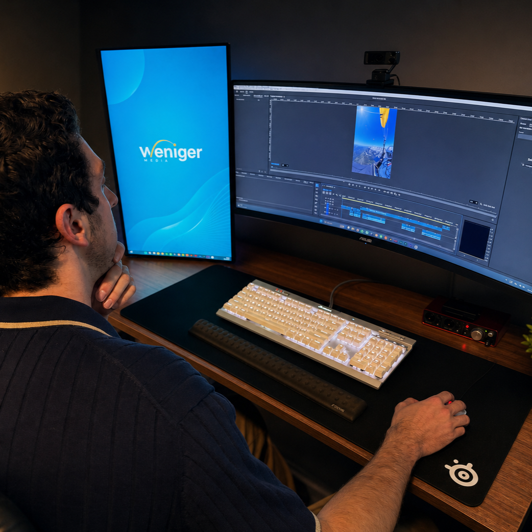 Man working on video editing at a dual-monitor setup with a large curved screen displaying editing software, a mechanical keyboard, and a mouse on a wooden desk.