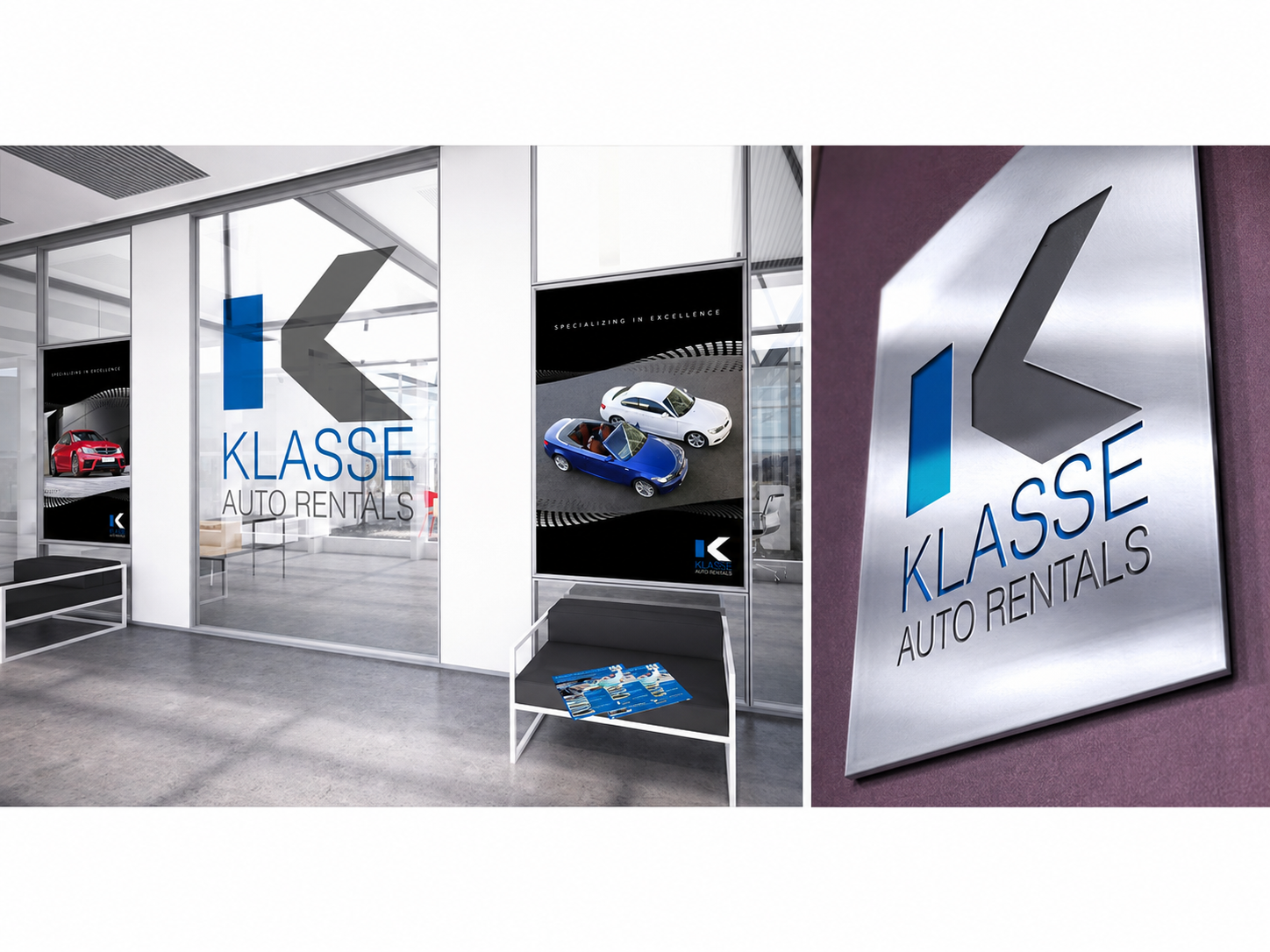Front view of a car rental office with glass doors, displaying the company name 'Klasse Auto Rentals' and logo; interior shows promotional displays with cars, and a close-up of the logo sign on a wall.