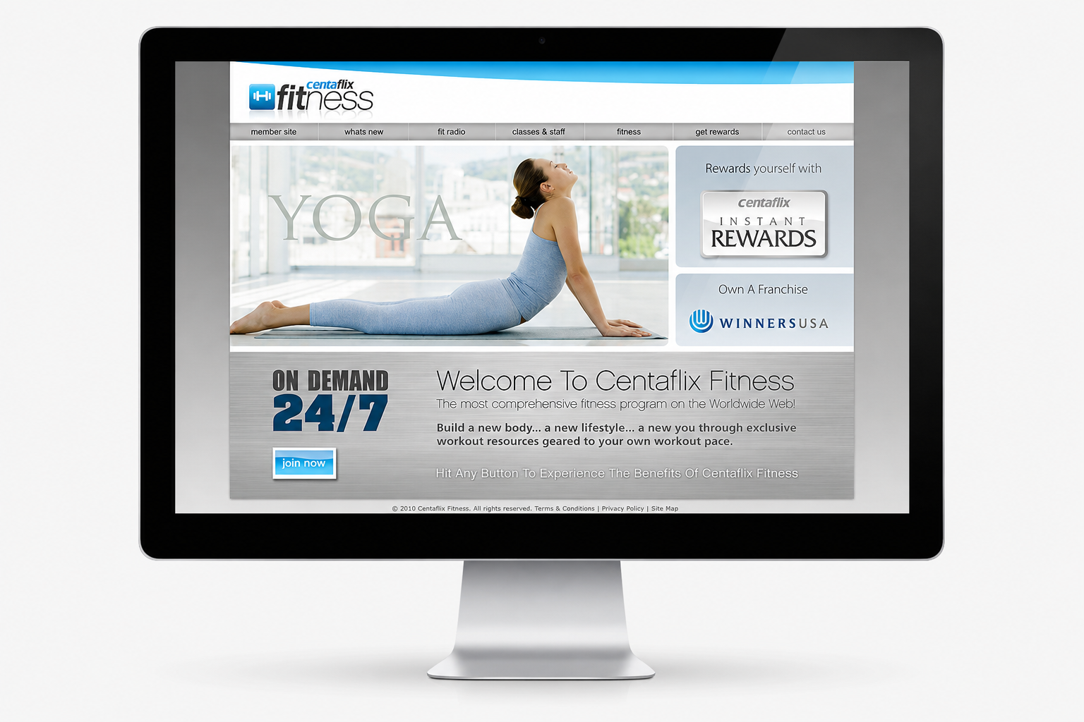 Computer screen displaying Centaflix Fitness website with a woman practicing yoga indoors, promotional offers, and navigation menu.