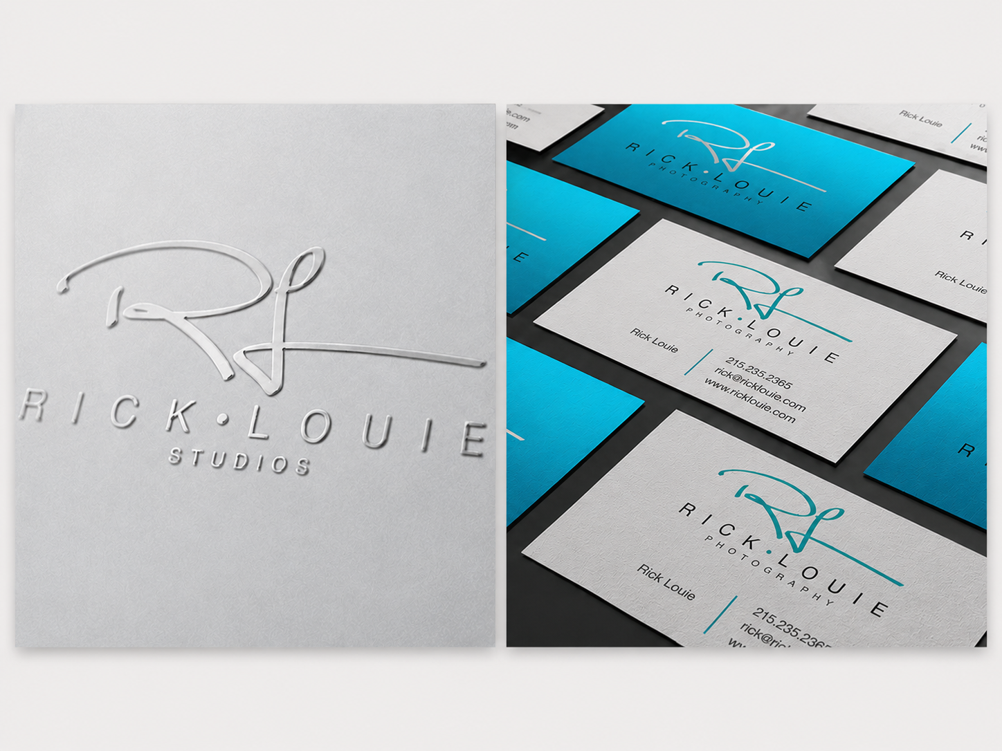 Business cards and logo for Rick Louie Studios, a photography business. The logo features the initials R and L in a stylized script, with the full name and contact information on the cards.