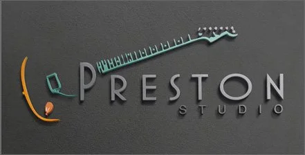 Logo of Preston Studio with musical elements, including a guitar neck, a guitar pick, and a bass string, on a dark background.