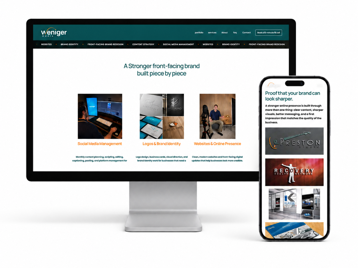 Website homepage displaying branding services on a desktop monitor and smartphone, with sections for social media management, logos, brand identity, and website presence.