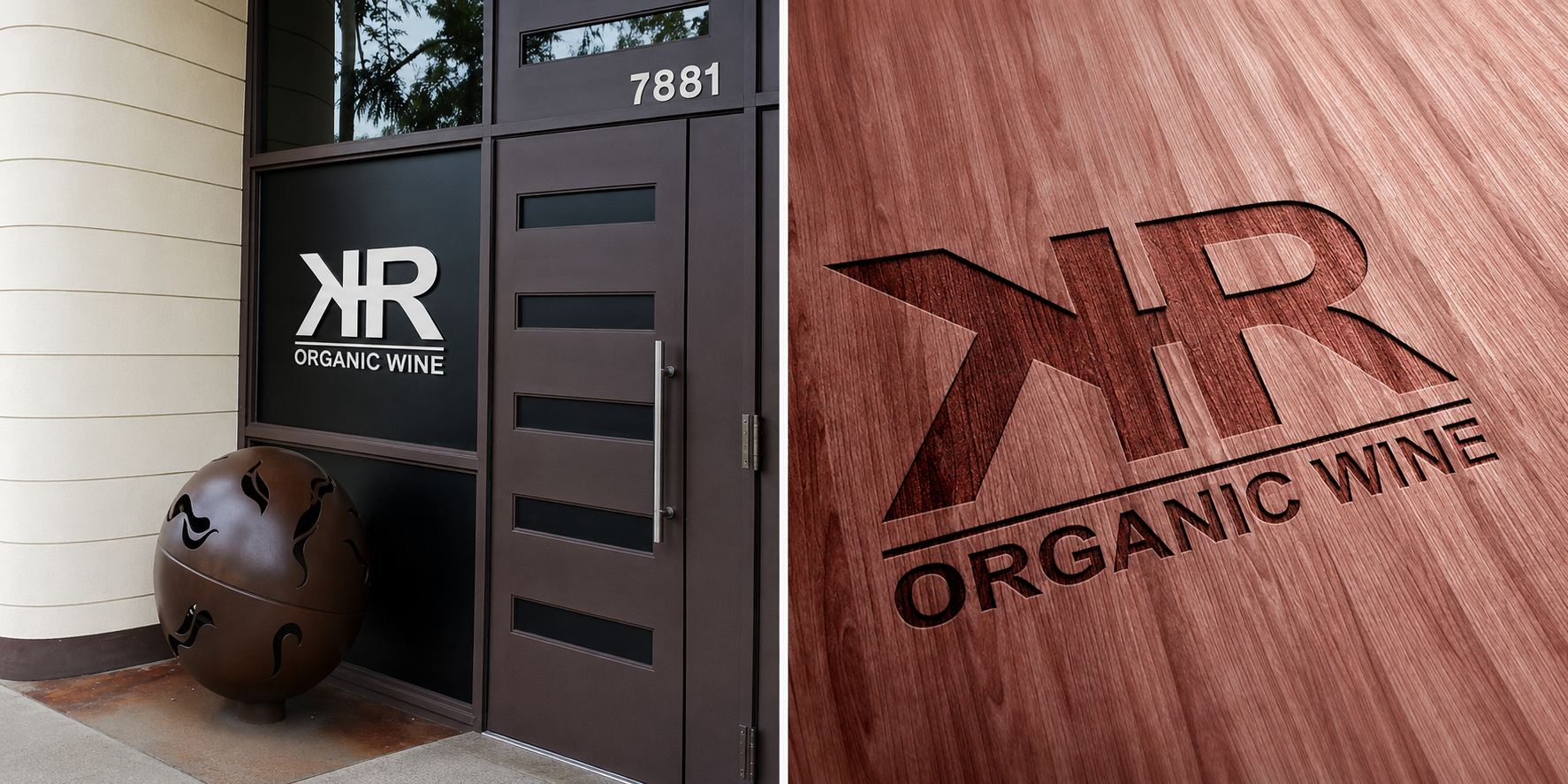 Exterior of a building with a sign that reads 'XR Organic Wine,' a large metal sculpture resembling an apple with cutouts, and a close-up of a wooden surface with the 'XR Organic Wine' logo engraved.