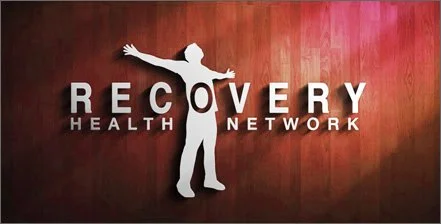 Silhouette of a person with arms outstretched in front of a background with the words "Recovery Health Network".