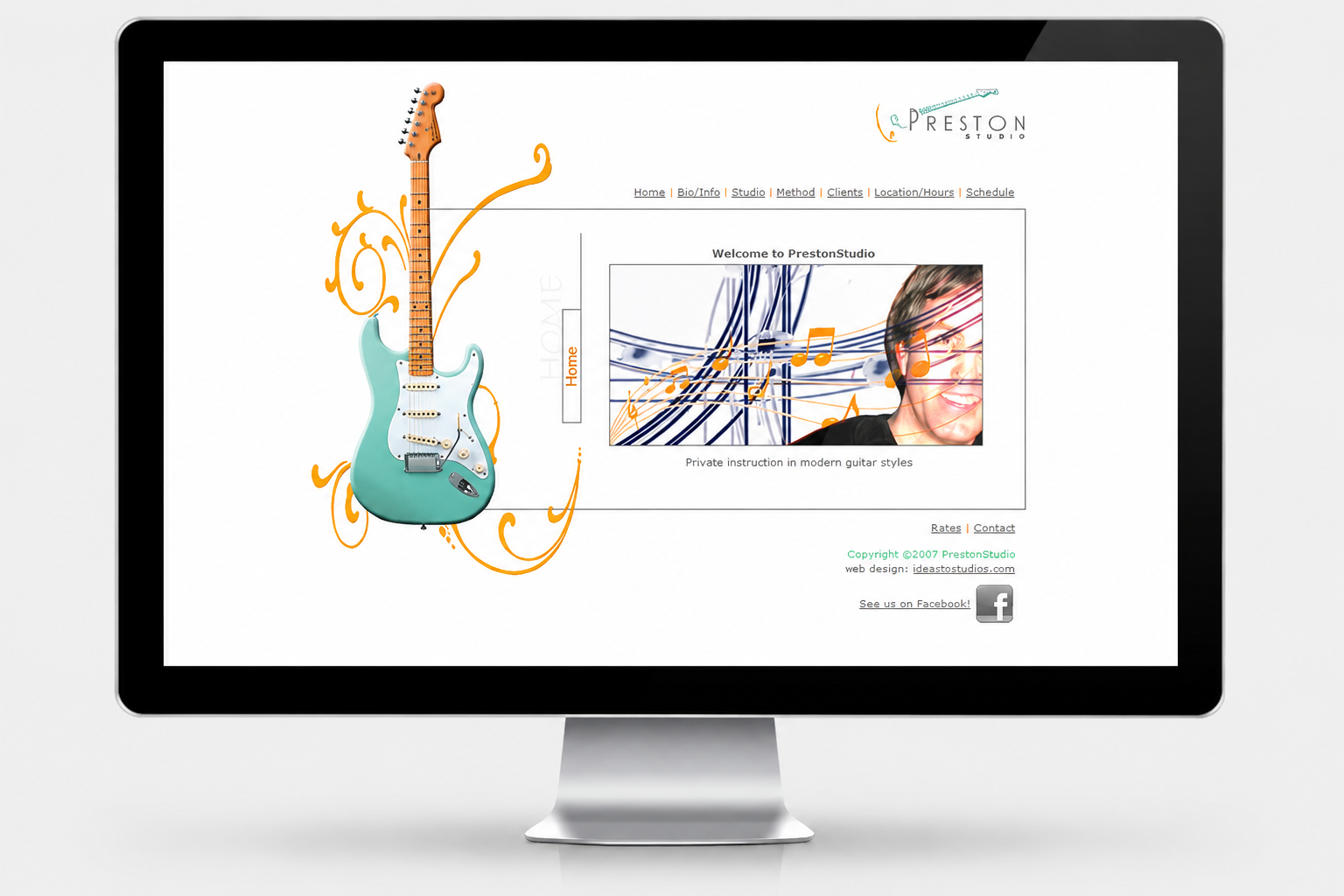 A computer monitor displaying a website for Preston Studio, featuring a large teal electric guitar illustration with orange decorative swirls, a navigation menu, and a welcoming message with a photo of a smiling person wearing glasses playing a guitar-themed mural with musical notes.