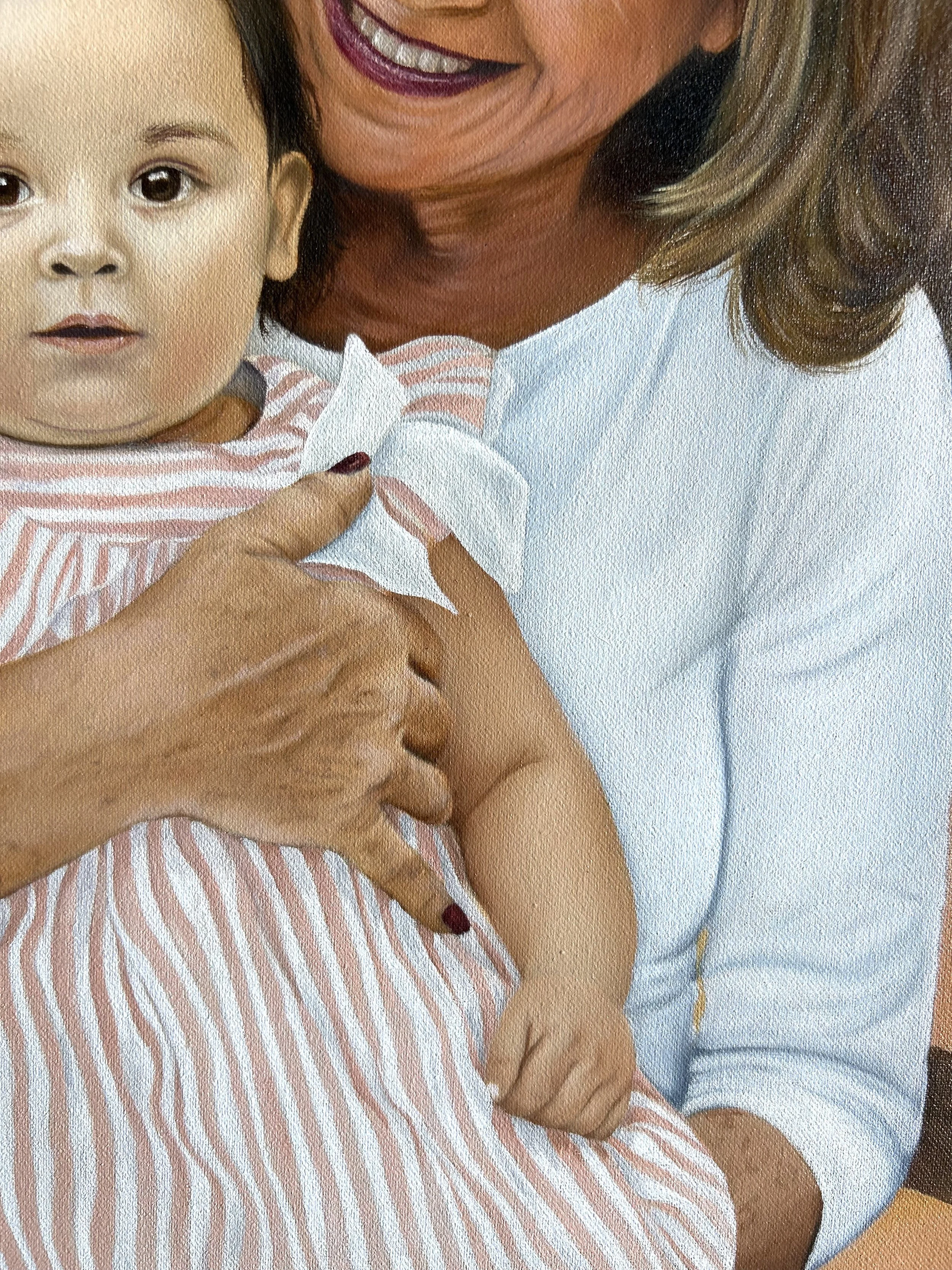 Detalle de retrato al óleo personalizado de bebé pintado a mano por Elmi Lopezmalo Art