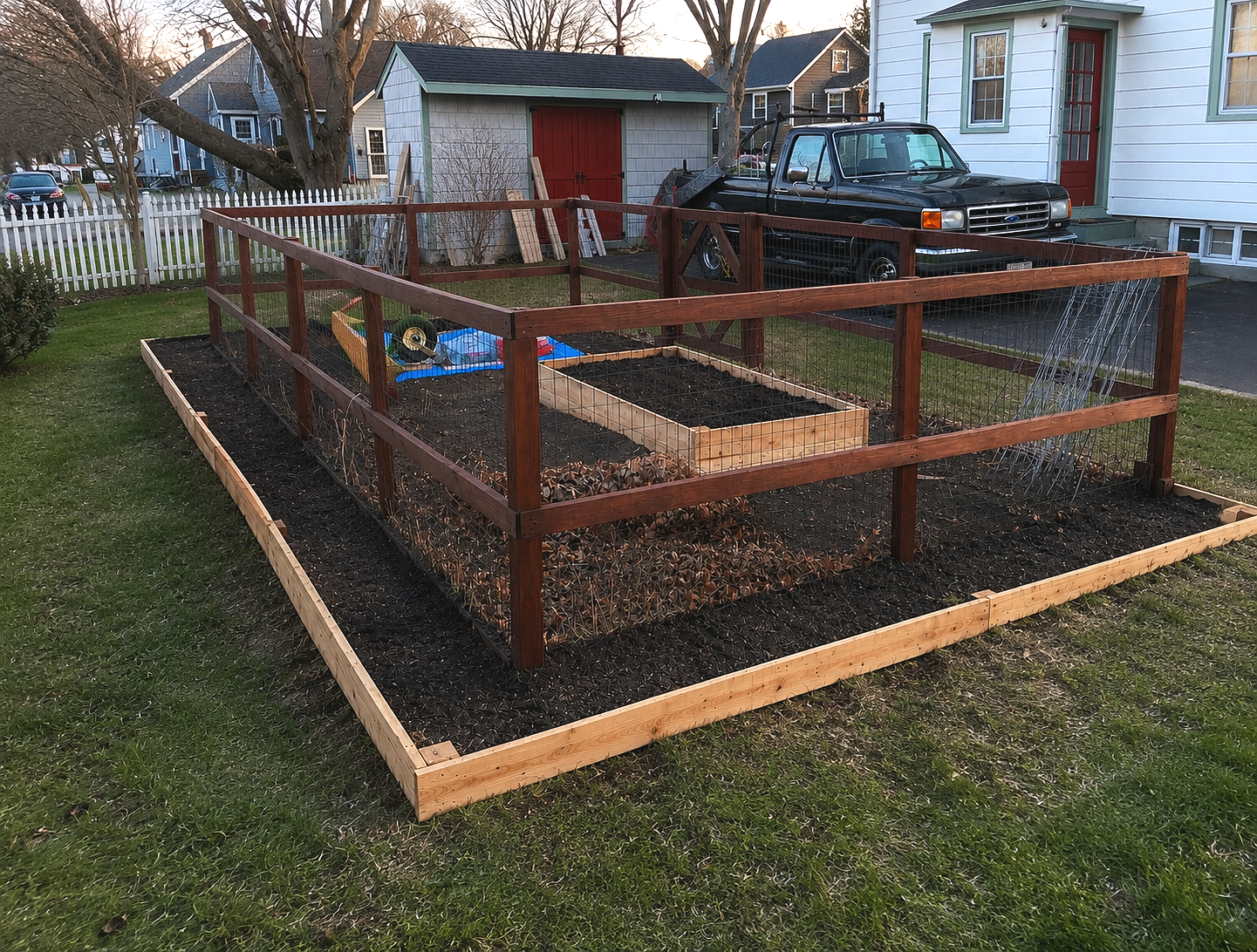 A fenced backyard garden with newly installed wooden frames and black soil, surrounded by grass, houses, trees, and a parked truck in the background.