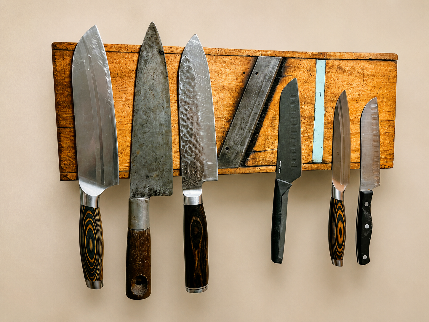 Six kitchen knives with different blades and handles mounted on a wooden magnetic strip against a beige wall.