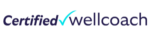 Logo for Wellcoaches with the word 'certified' in purple, a blue checkmark, and the words 'wellcoach' in black and blue