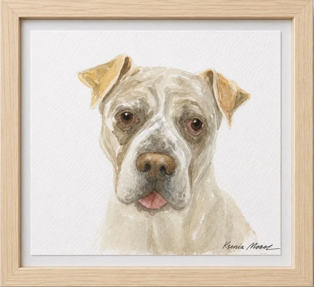 Watercolor painting of a light-colored dog with brown eyes and a slightly protruding tongue, signed 'Ksenia Moroz'.