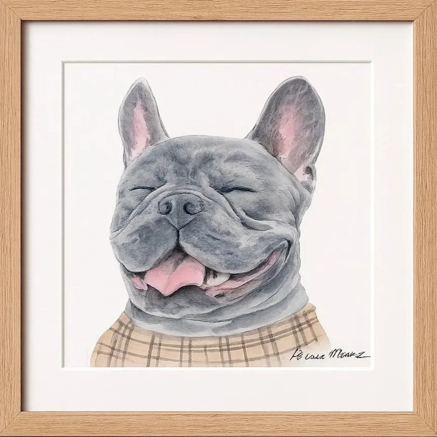 A watercolor painting of a smiling French Bulldog with closed eyes, wearing a plaid shirt, framed in a wooden frame.
