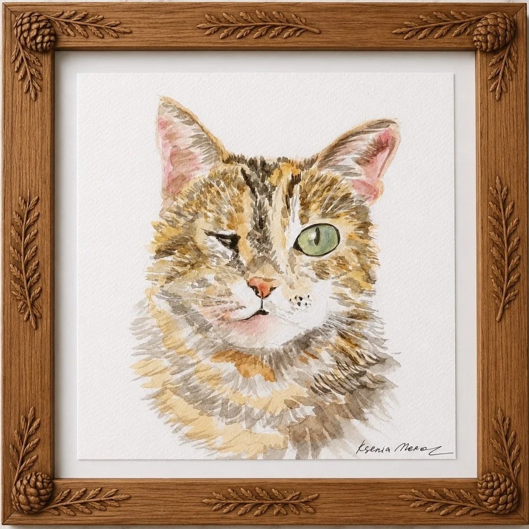 Watercolor painting of a winking tabby cat with green eye, pink ears, and a signature in the bottom right corner, framed in a wooden frame with pinecone and leaf carvings.