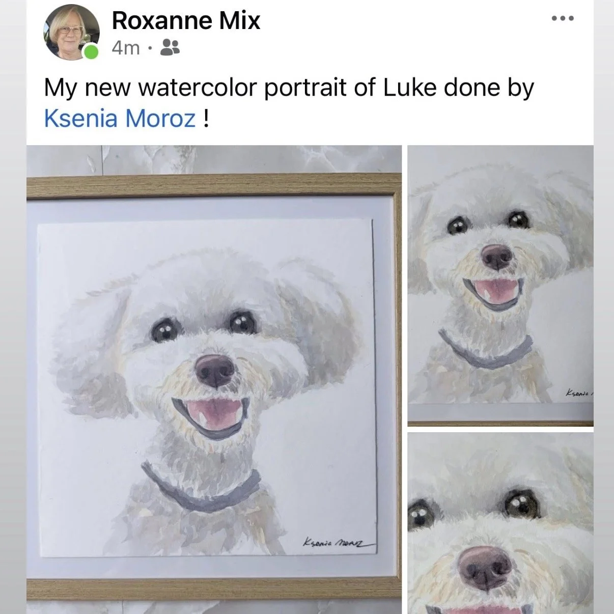 Watercolor portrait of a happy white dog with a black collar on white background.