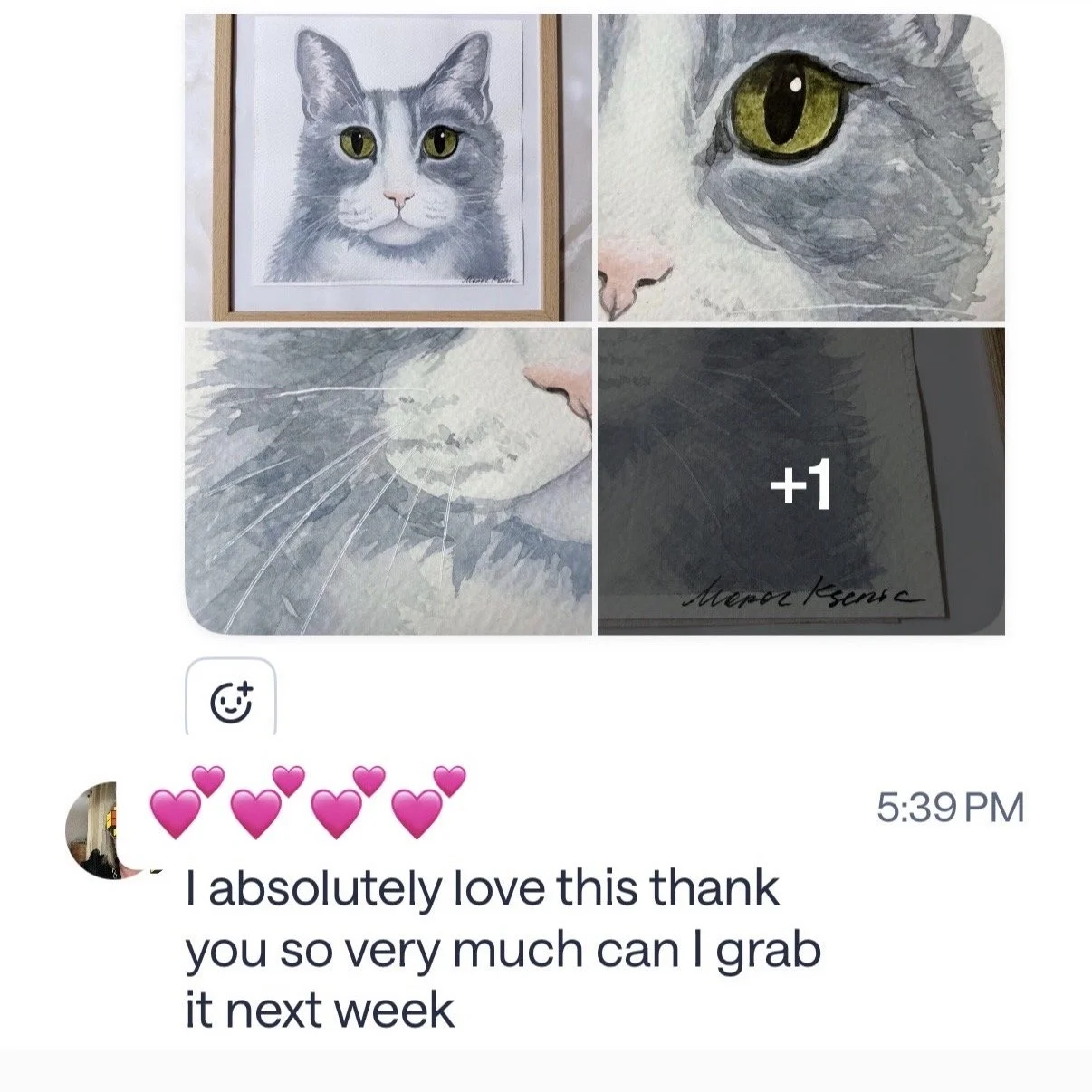 A collage of four images featuring a watercolor painting of a gray and white cat with yellow eyes. The first image shows the complete painting in a wooden frame, while the other three are close-up views of the cat's eye, nose, and a signature at the 